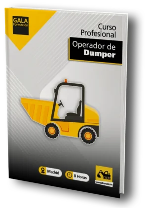 La imagen muestra un dibujo de un dumper de color amarillo, con un texto que dice: Curso Profesional Operador de Dumper y el logo de Gala Formación