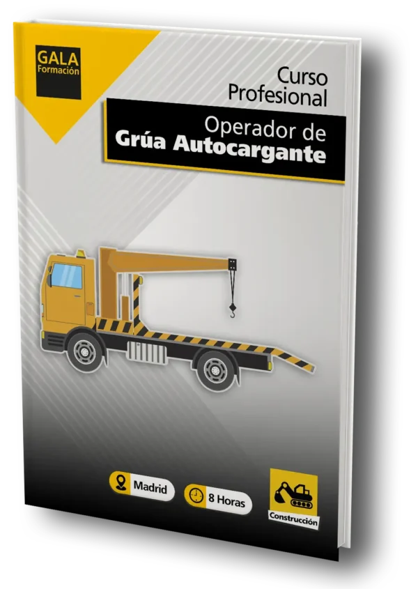 La imagen muestra un dibujo de una grúa autocargante de color amarillo, con un texto que dice: Curso Profesional Operador de Grúa Autocargante y el logo de Gala Formación