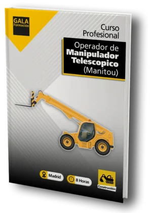 La imagen muestra un dibujo de un camión Manipulador Telescópico de color amarillo, con un texto que dice: Curso Profesional Operador de Manipulador Telescópico (Manitou) y el logo de Gala Formación