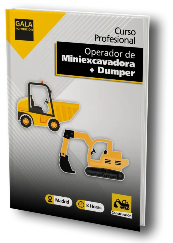 La imagen muestra un dibujo de una miniexcavadora y un dumper de color amarillo, con un texto que dice: Curso Profesional Operario de Miniexcavadora + Dumper y el logo de Gala Formación