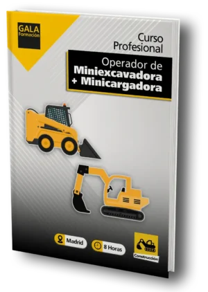 La imagen muestra un dibujo de una miniexcavadora y una minicargadora de color amarillo, con un texto que dice: Curso Profesional Operario de Miniexcavadora + Minicargadora y el logo de Gala Formación