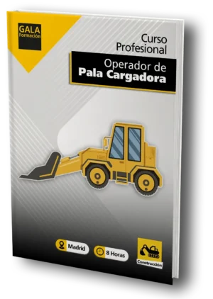 La imagen muestra un dibujo de una pala cargadora de color amarillo, con un texto que dice: Curso Profesional Operador de Pala Cargadora y el logo de Gala Formación