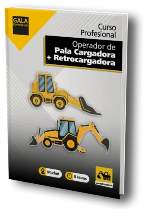 La imagen muestra un dibujo de una pala cargadora y una retrocargadora de color amarillo, con un texto que dice: Curso Profesional Operario de Pala Cargadora + Retrocargadora y el logo de Gala Formación