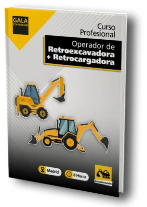 La imagen muestra un dibujo de una retroexcavadora y una Retrocargadora de color amarillo, con un texto que dice: Curso Profesional Operario de Retroexcavadora + Retrocargadora y el logo de Gala Formación