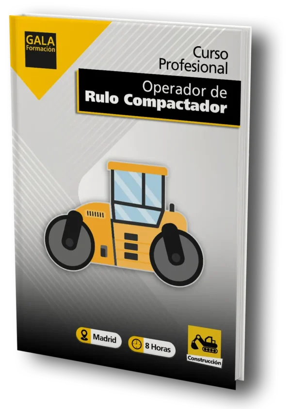 La imagen muestra un dibujo de un rulo compactador de color amarillo, con un texto que dice: Curso Profesional Operador de Rulo Compactador y el logo de Gala Formación