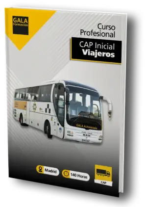 Portada del curso profesional CAP Inicial de viajeros de Gala Formación. Incluye la imagen de un autobús de la Autoescuela Gala, acompañado de información sobre el curso: ubicación en Madrid, 140 horas de duración y certificado CAP