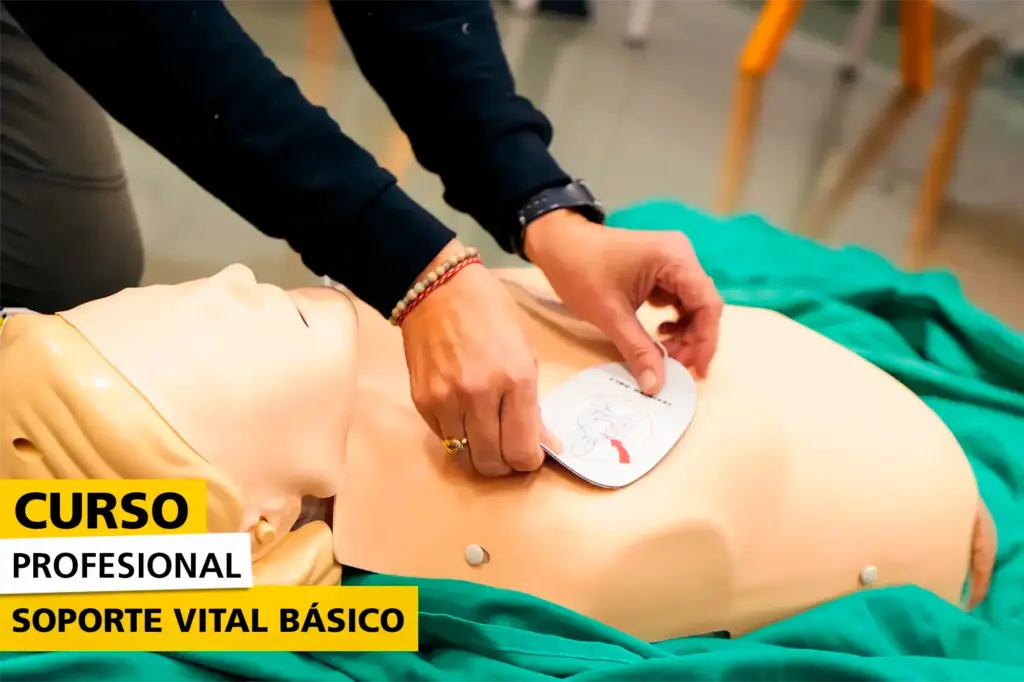 Persona colocando los electrodos de un desfibrilador en un maniquí de entrenamiento durante un curso de soporte vital básico.