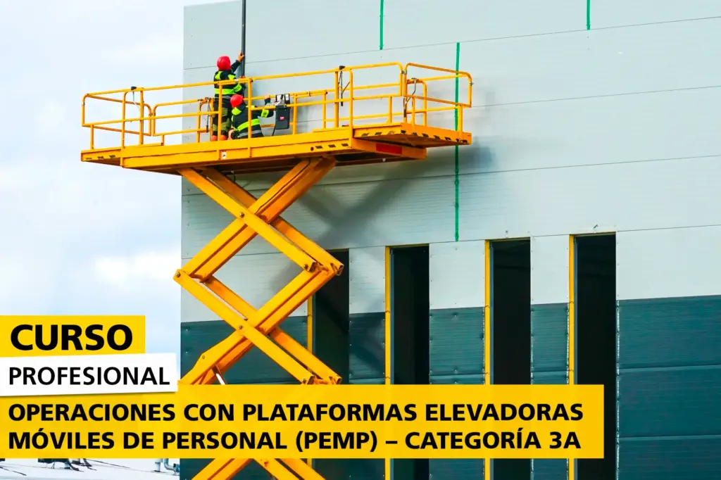 Imagen del curso profesional de operaciones con plataformas elevadoras móviles de personal (PEMP) en la categoría 3A. Formación especializada para el manejo seguro de equipos elevadores.