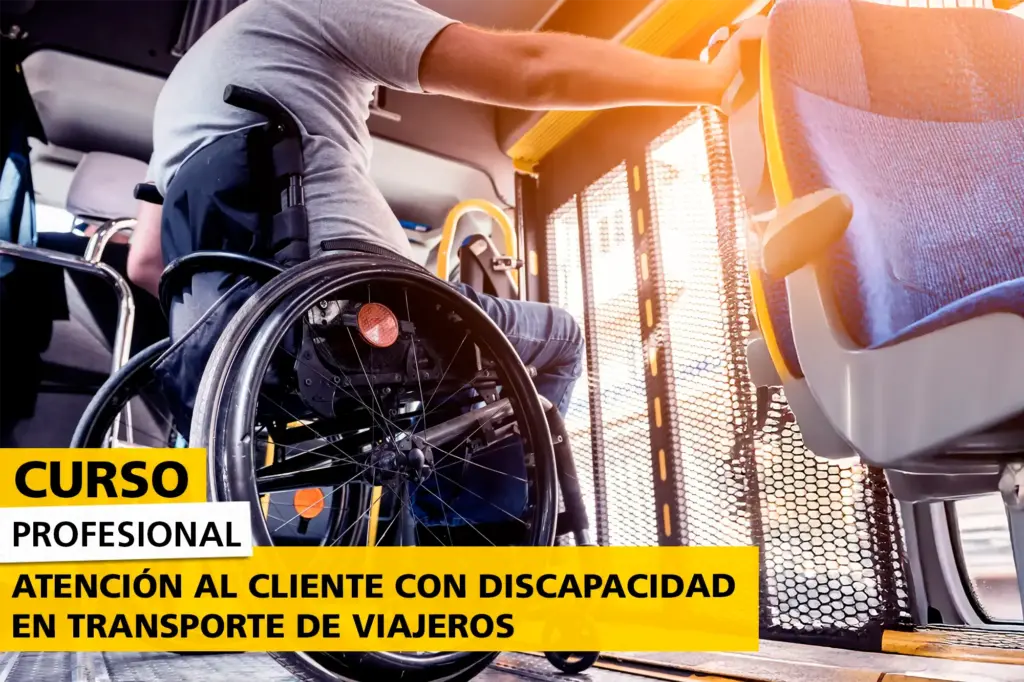 Imagen promocional de un curso profesional sobre atención inclusiva a clientes con discapacidad en el transporte de viajeros. Muestra a un equipo de profesionales del sector practicando técnicas de asistencia accesible, comunicación inclusiva y apoyo a pasajeros con movilidad reducida o necesidades especiales.