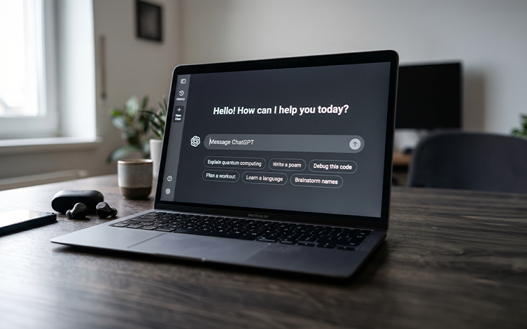 ordenador portátil mostrando la interfaz de ChatGPT, orientado al aprendizaje de IA generativa, automatización de tareas, creación de contenidos y mejora de la productividad en entornos profesionales.