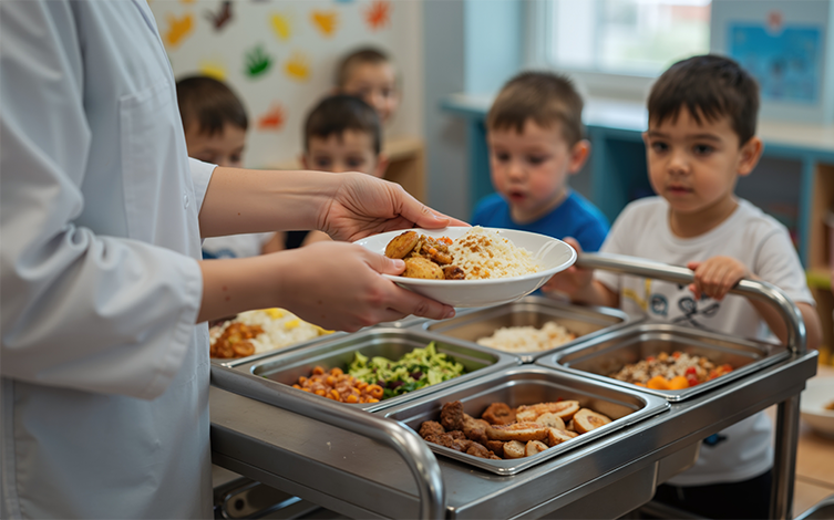 Monitora sirviendo bandejas de comida a niños en el comedor de una escuela