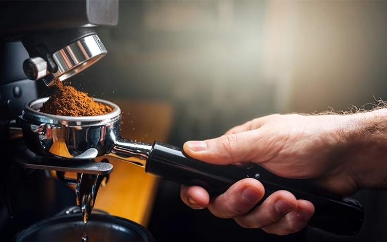 Persona prensando café molido para preparar un café en una máquina profesional
