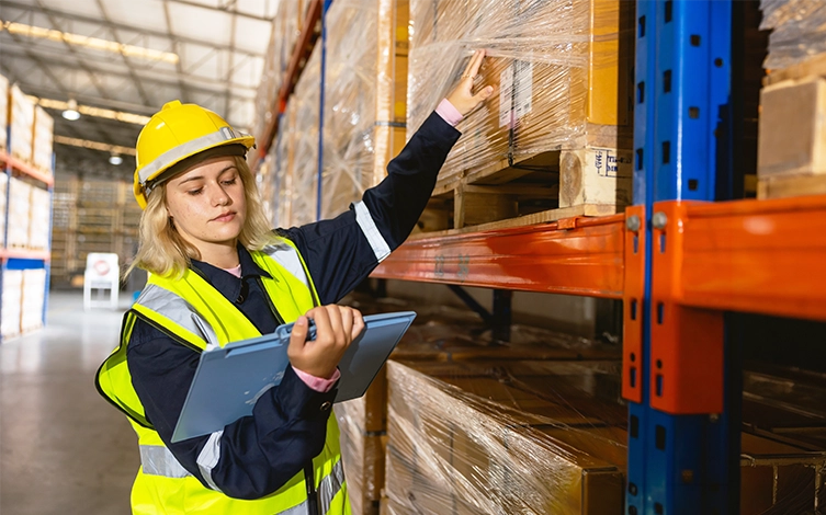 técnica realizando el control de inventario, la recepción de mercancías y la gestión de existencias en un almacén logístico mediante una tablet.