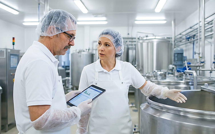 Personas revisando la correcta preparación de productos alimenticios
