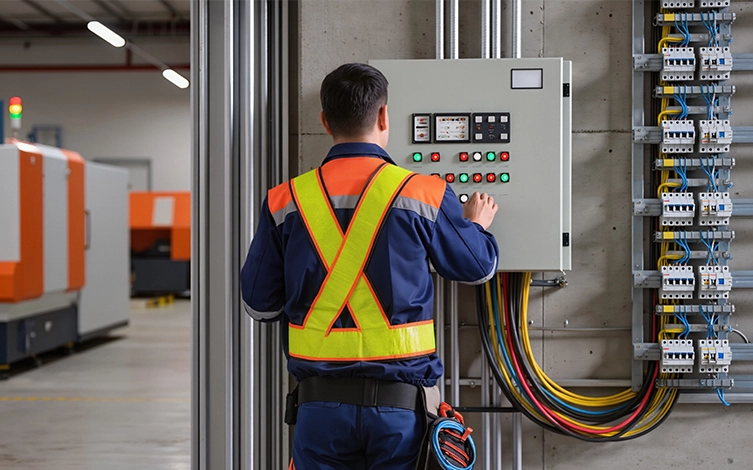 técnico operando un cuadro eléctrico industrial para realizar tareas de mantenimiento, diagnóstico y control de equipos e instalaciones.