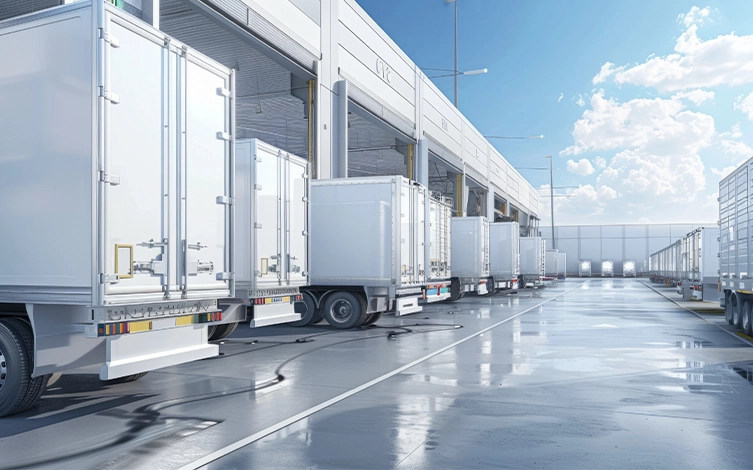 Camiones frigoríficos estacionados en un centro logístico para el transporte y distribución de productos refrigerados y congelados.