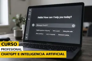 Curso profesional de ChatGPT e Inteligencia Artificial con ordenador portátil mostrando la interfaz de ChatGPT, orientado al aprendizaje de IA generativa, automatización de tareas, creación de contenidos y mejora de la productividad en entornos profesionales.