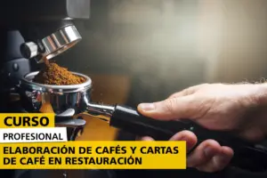 Curso Profesional Elaboración de Cafés y Cartas en Restauración. Persona prensando café molido para preparar un café en una máquina profesional