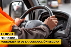 Curso profesional de Fundamento de la Conducción Segura para conductores de transporte de mercancías y viajeros. Imagen de conductor al volante aplicando técnicas de conducción segura.