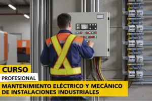Curso profesional de Mantenimiento Eléctrico y Mecánico de Instalaciones Industriales con técnico operando un cuadro eléctrico industrial para realizar tareas de mantenimiento, diagnóstico y control de equipos e instalaciones.